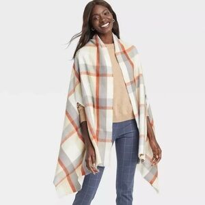 a new day Women's Plaid Cape in Gray, White, and Orange with arm holes